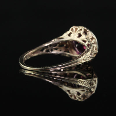 Antique Art Deco 14K White Gold Rhodolite Garnet Filigree Engagement Ring