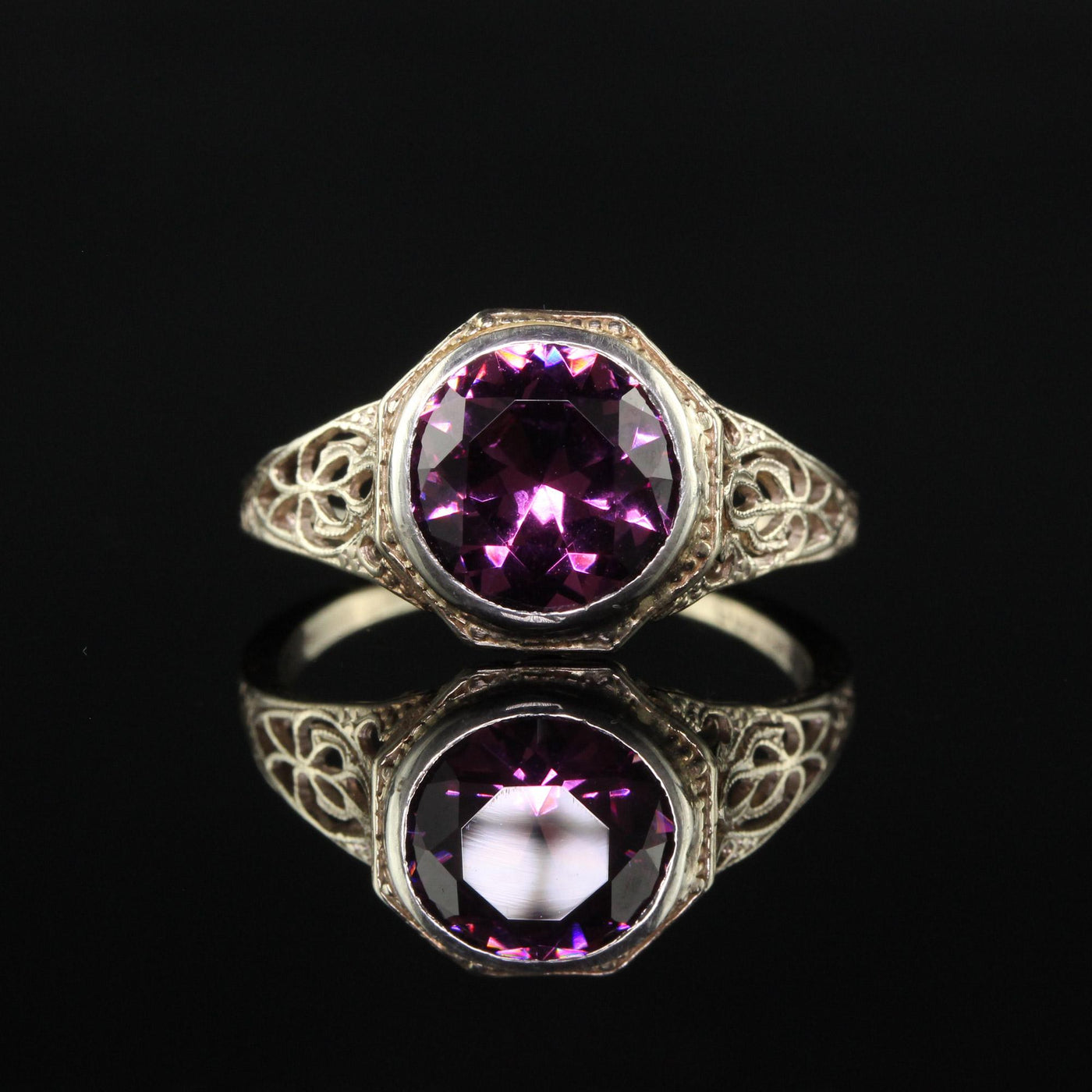 Antique Art Deco 14K White Gold Rhodolite Garnet Filigree Engagement Ring