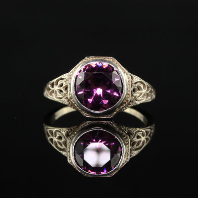 Antique Art Deco 14K White Gold Rhodolite Garnet Filigree Engagement Ring