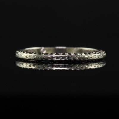 Antique Art Deco Belais 18K White Gold Engraved Wedding Band - Size 6 1/2