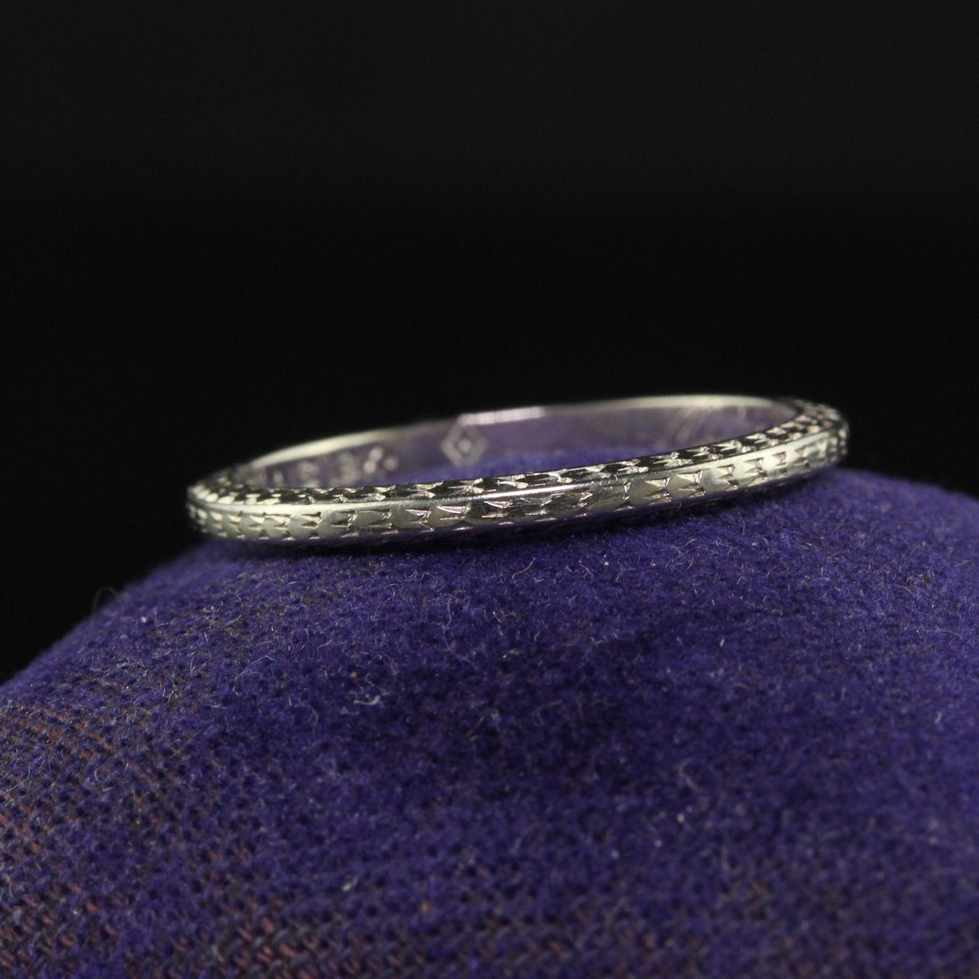 Antique Art Deco Belais 18K White Gold Engraved Wedding Band - Size 6 1/2