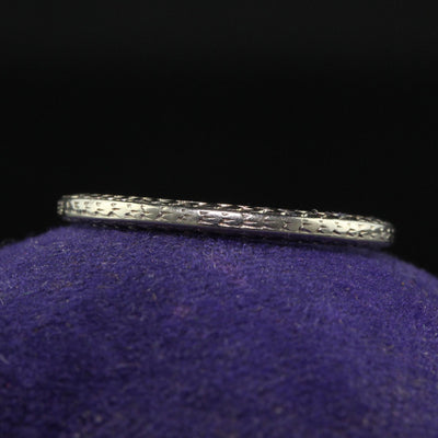 Antique Art Deco Belais 18K White Gold Engraved Wedding Band - Size 6 1/2