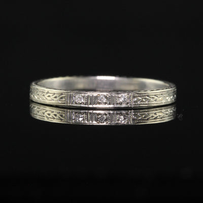 Antique Art Deco 18K Yellow Gold Engraved Diamond Wedding Band - Size 8