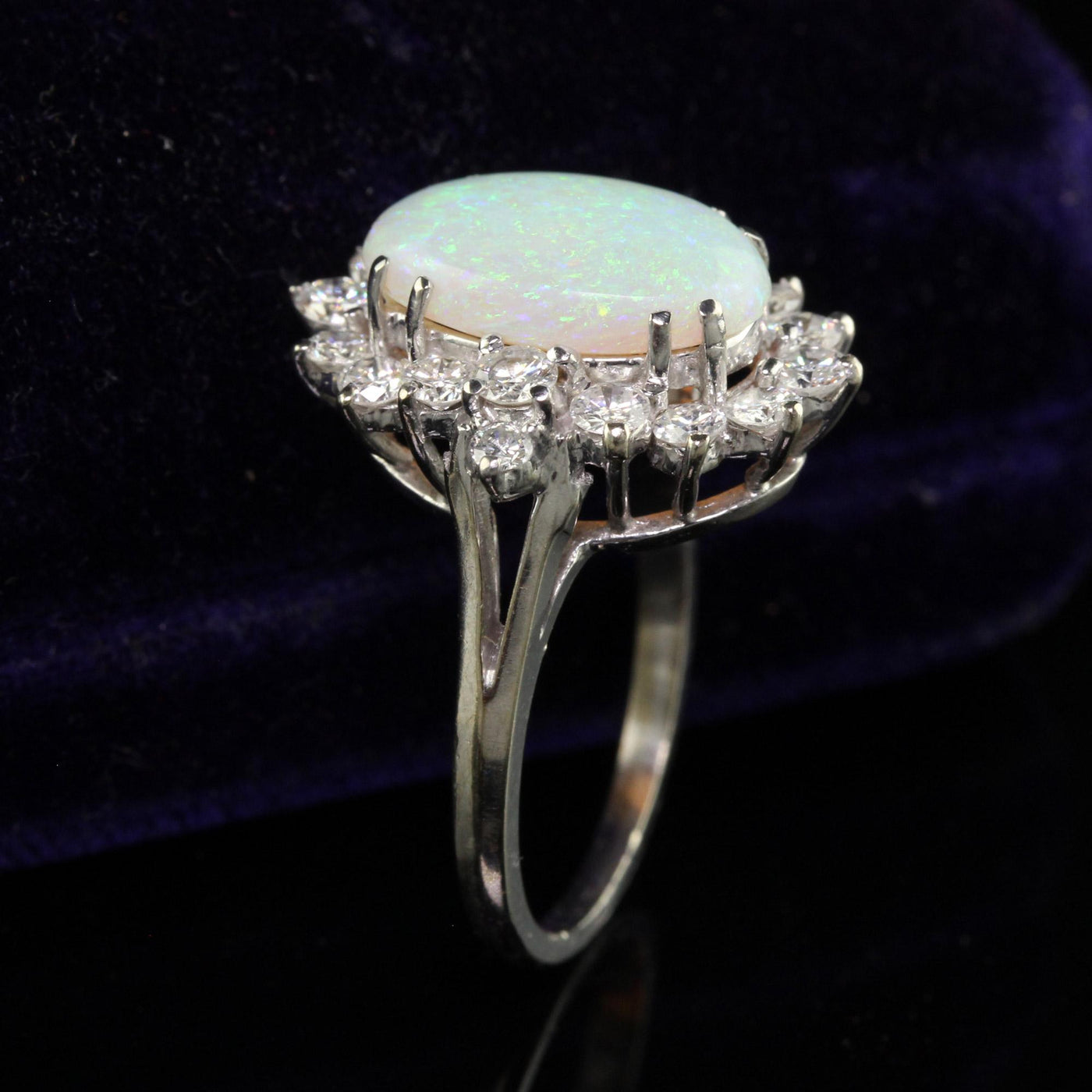 Vintage Estate 18K White Gold Natural Opal and Diamond Cocktail Ring