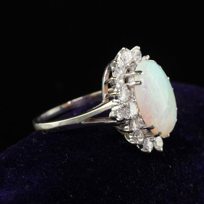 Vintage Estate 18K White Gold Natural Opal and Diamond Cocktail Ring