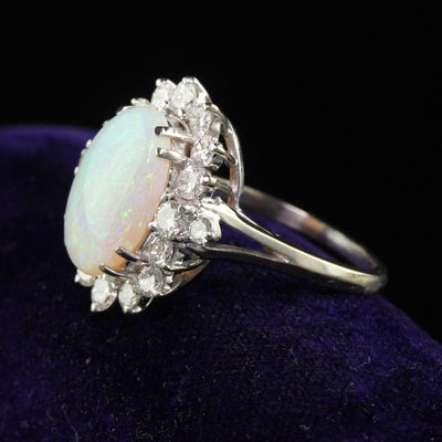 Vintage Estate 18K White Gold Natural Opal and Diamond Cocktail Ring