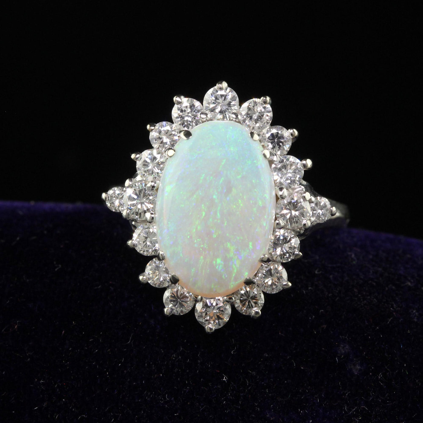 Vintage Estate 18K White Gold Natural Opal and Diamond Cocktail Ring