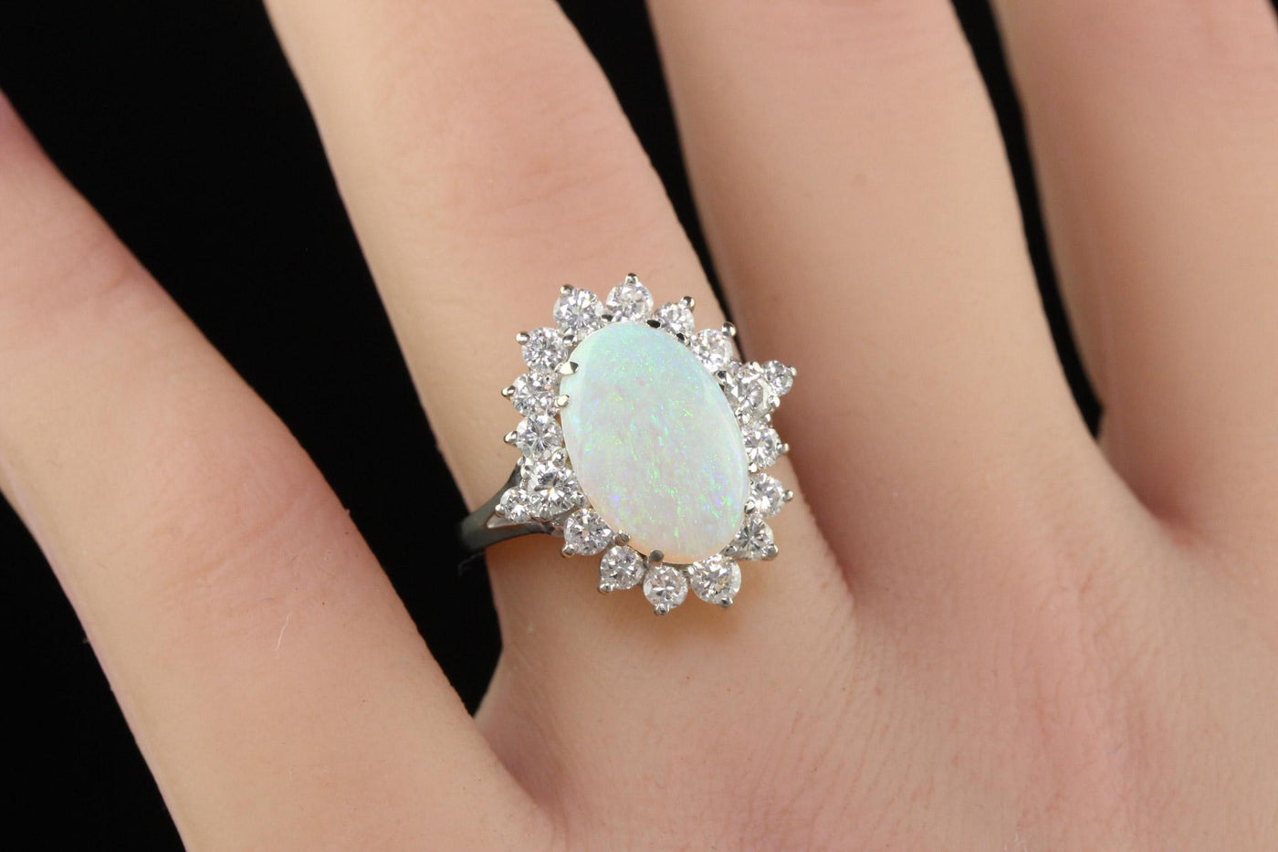 Vintage Estate 18K White Gold Natural Opal and Diamond Cocktail Ring