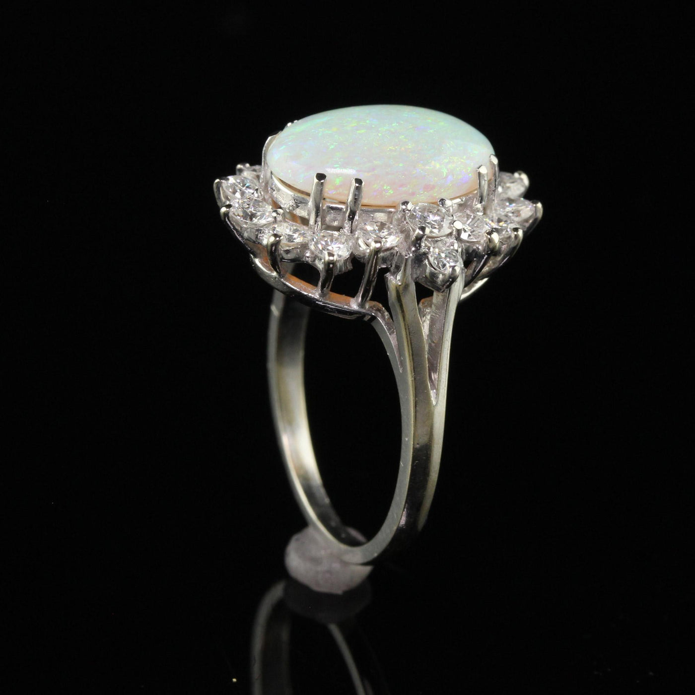 Vintage Estate 18K White Gold Natural Opal and Diamond Cocktail Ring