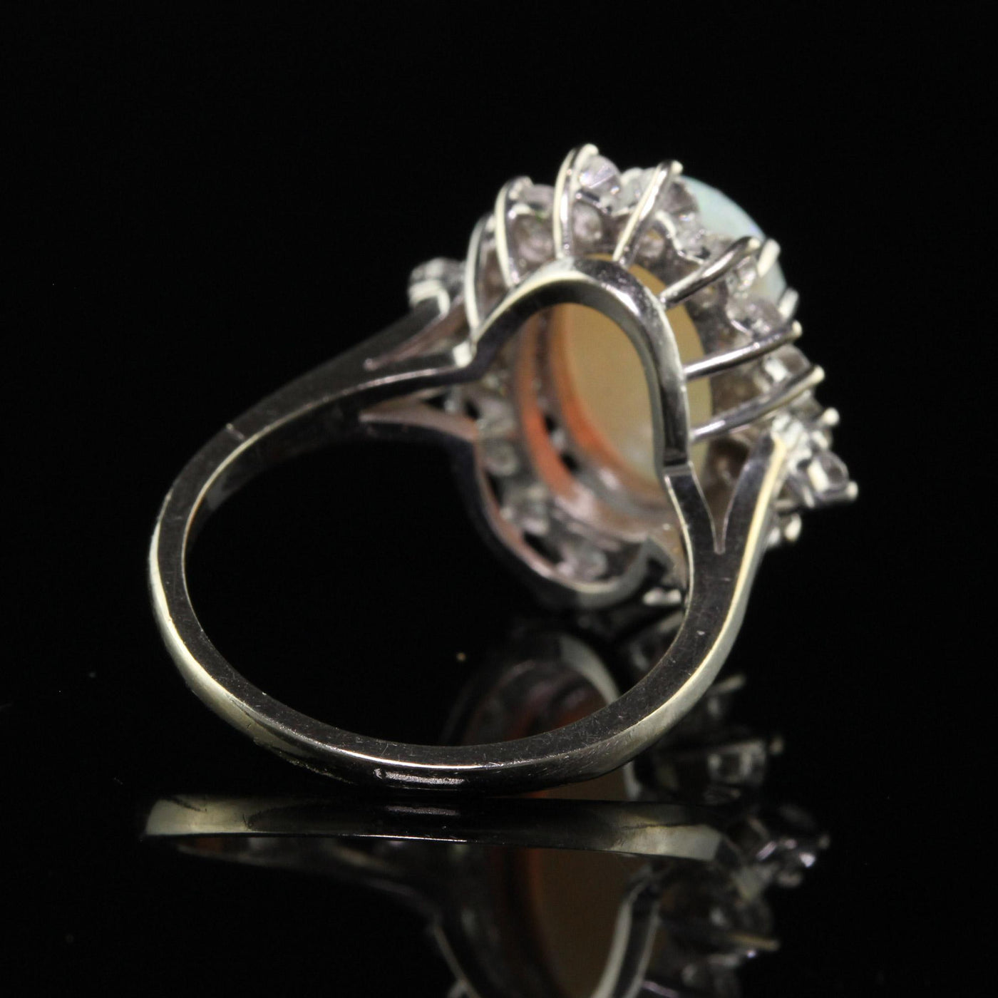 Vintage Estate 18K White Gold Natural Opal and Diamond Cocktail Ring