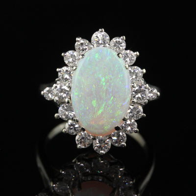 Vintage Estate 18K White Gold Natural Opal and Diamond Cocktail Ring