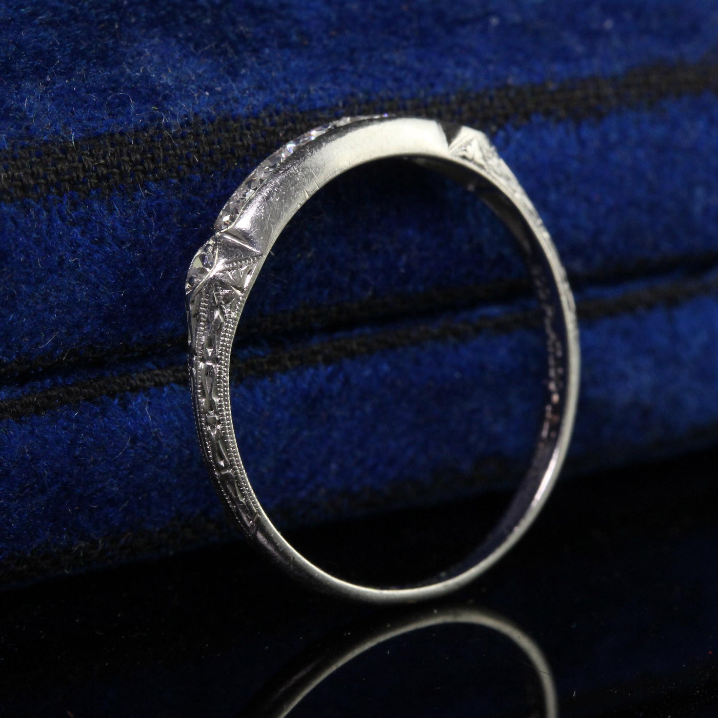 Antique Art Deco Platinum Single Cut Diamond Engraved Wedding Band - Size 7