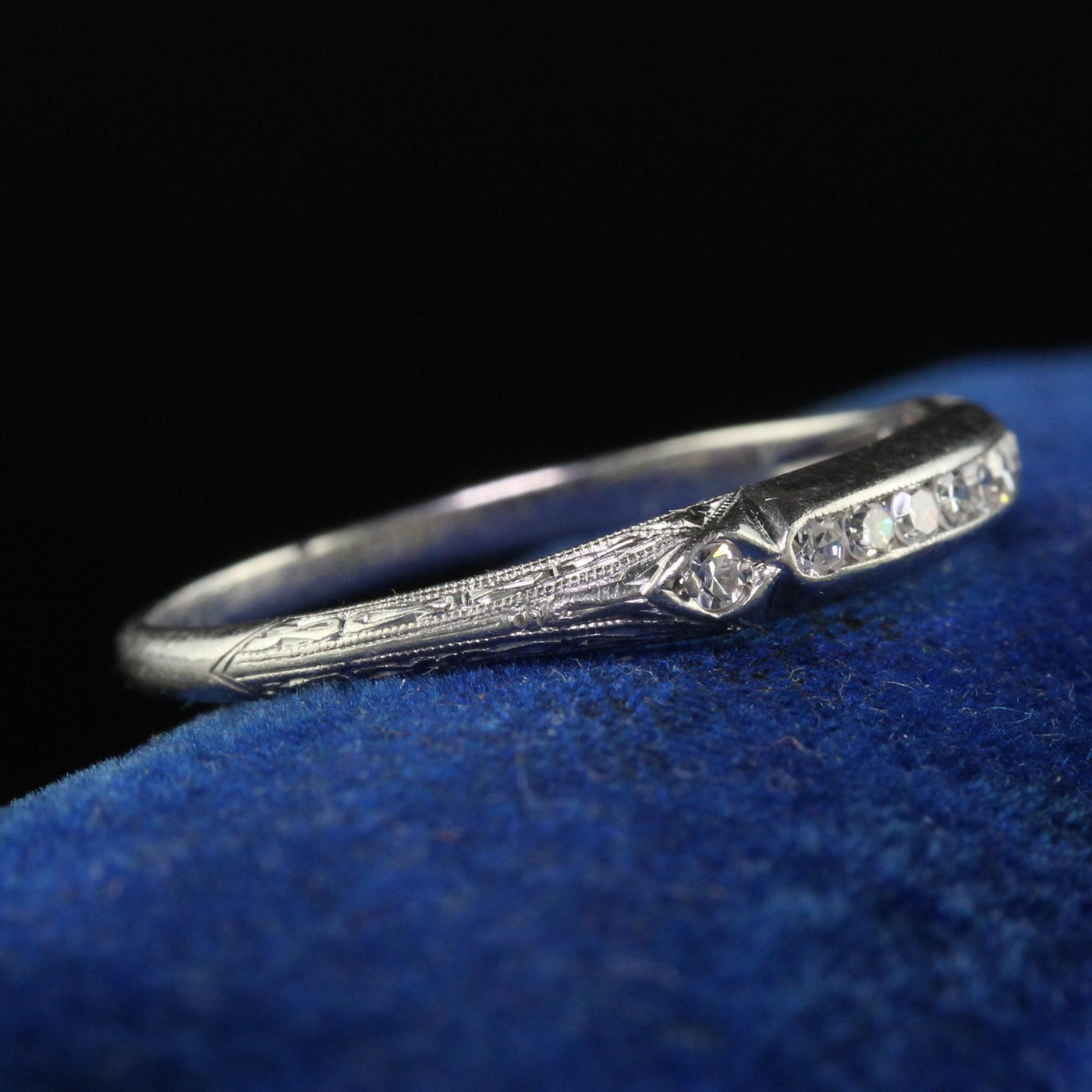 Antique Art Deco Platinum Single Cut Diamond Engraved Wedding Band - Size 7