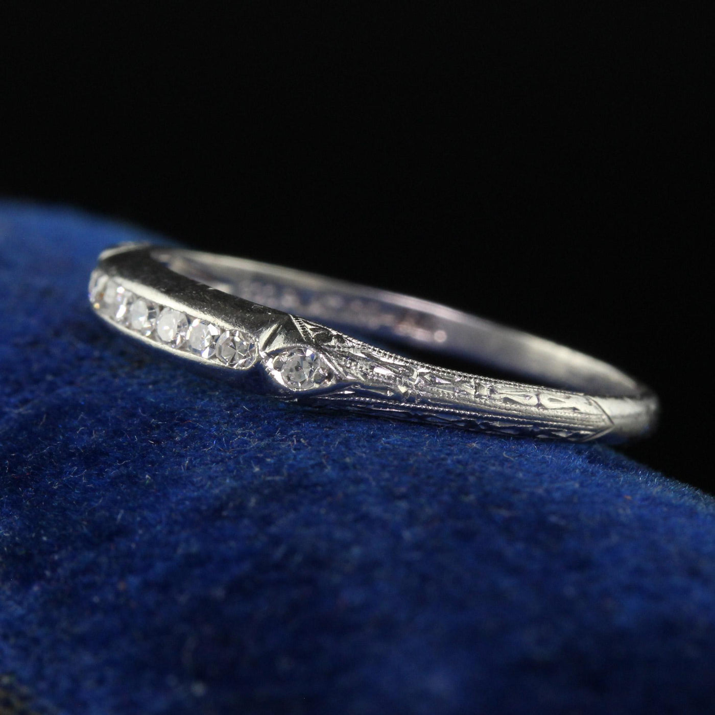 Antique Art Deco Platinum Single Cut Diamond Engraved Wedding Band - Size 7