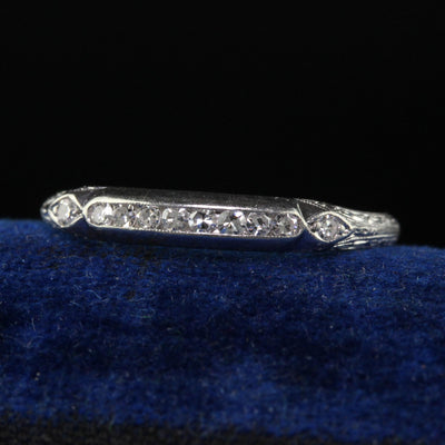 Antique Art Deco Platinum Single Cut Diamond Engraved Wedding Band - Size 7