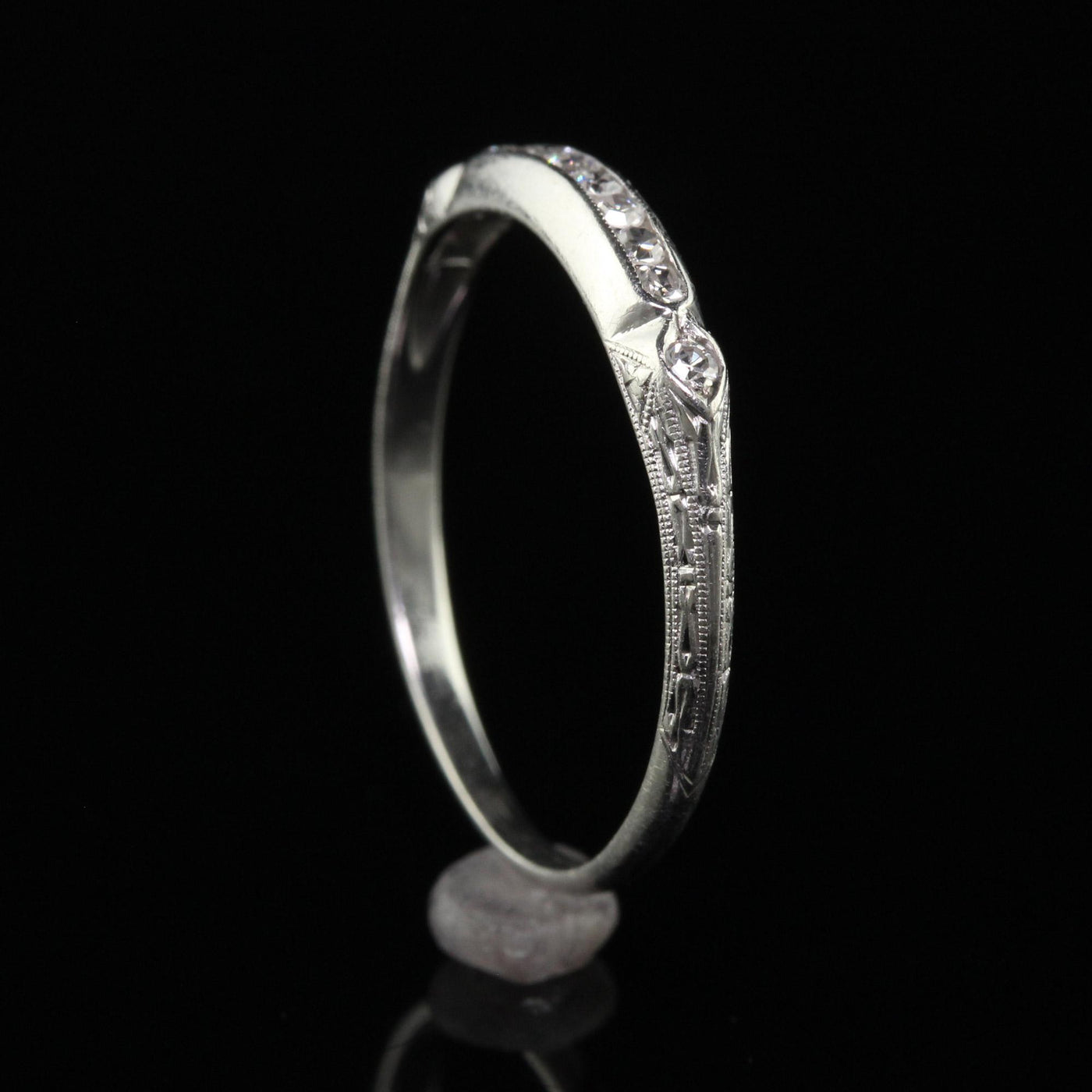 Antique Art Deco Platinum Single Cut Diamond Engraved Wedding Band - Size 7