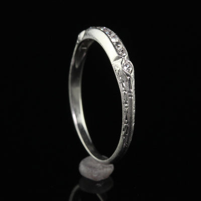 Antique Art Deco Platinum Single Cut Diamond Engraved Wedding Band - Size 7