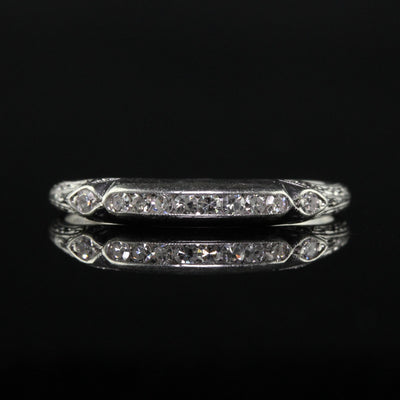 Antique Art Deco Platinum Single Cut Diamond Engraved Wedding Band - Size 7