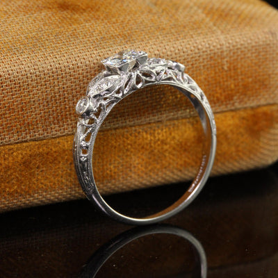 Antique Art Deco Platinum Old European Diamond Filigree Engagement Ring