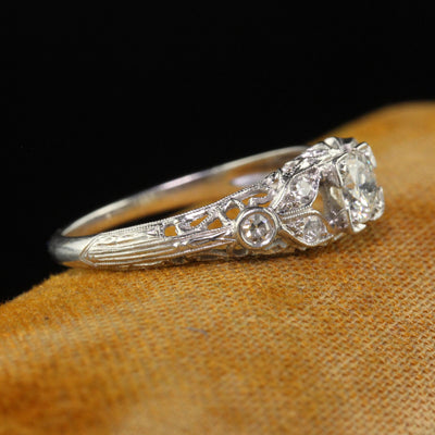 Antique Art Deco Platinum Old European Diamond Filigree Engagement Ring