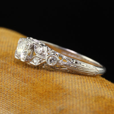 Antique Art Deco Platinum Old European Diamond Filigree Engagement Ring