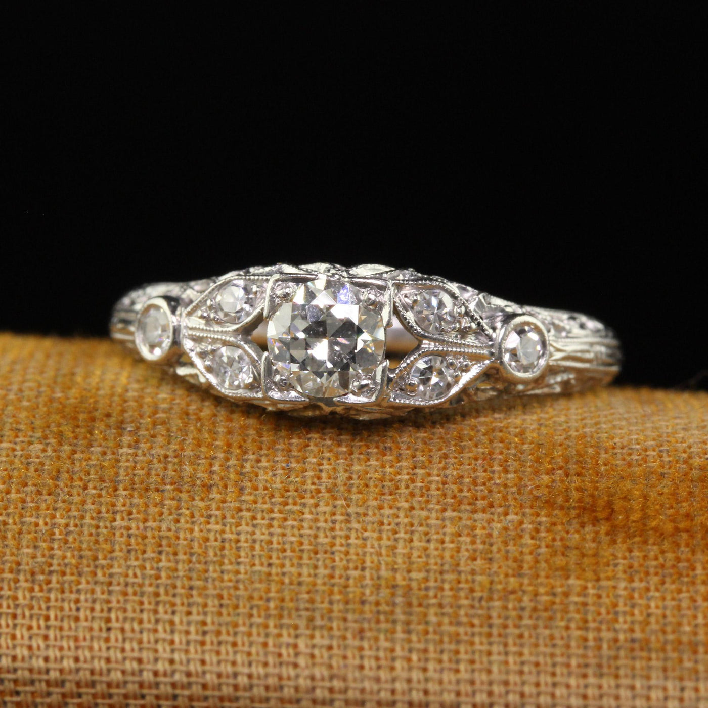 Antique Art Deco Platinum Old European Diamond Filigree Engagement Ring