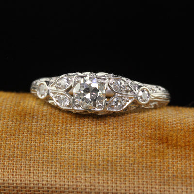 Antique Art Deco Platinum Old European Diamond Filigree Engagement Ring