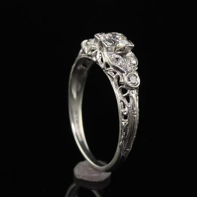 Antique Art Deco Platinum Old European Diamond Filigree Engagement Ring