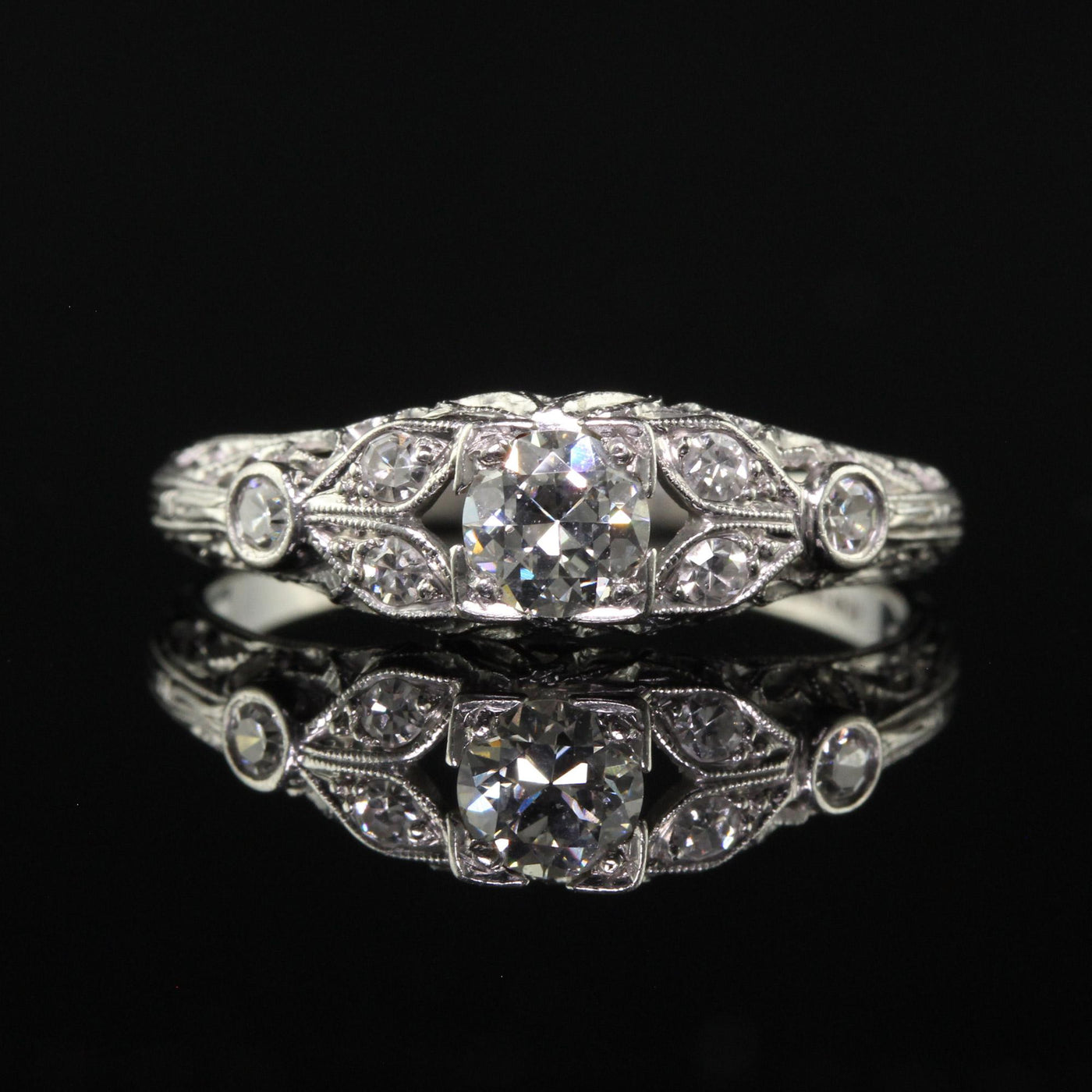 Antique Art Deco Platinum Old European Diamond Filigree Engagement Ring