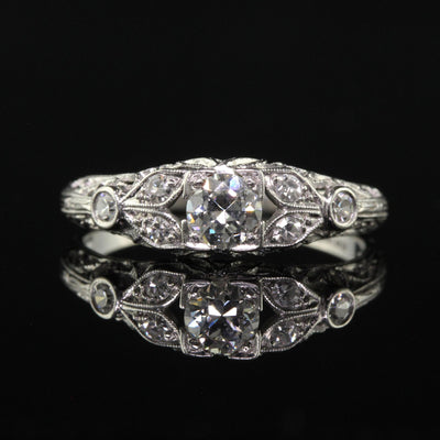 Antique Art Deco Platinum Old European Diamond Filigree Engagement Ring