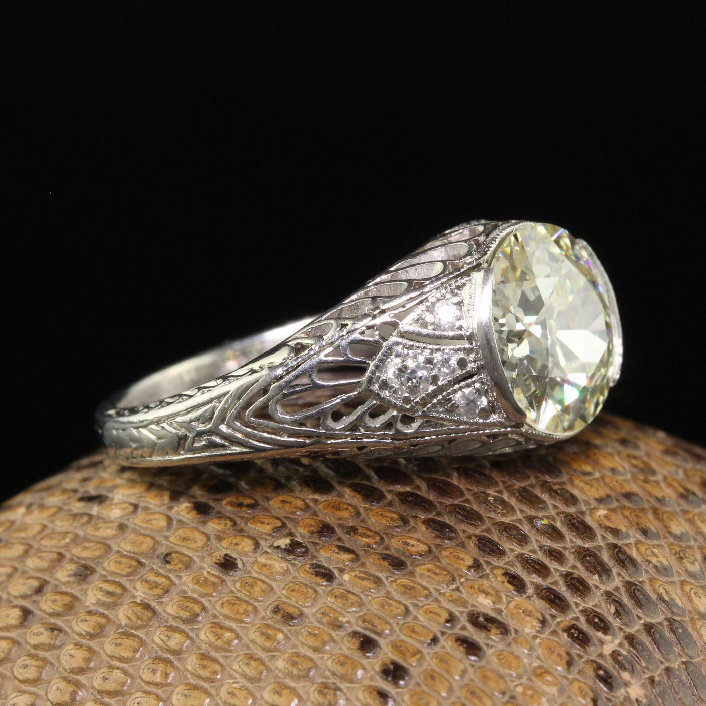 Antique Art Deco Platinum Old European Diamond Filigree Engagement Ring - GIA