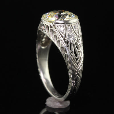 Antique Art Deco Platinum Old European Diamond Filigree Engagement Ring - GIA