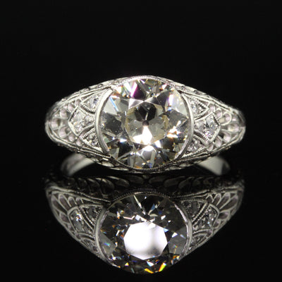 Antique Art Deco Platinum Old European Diamond Filigree Engagement Ring - GIA