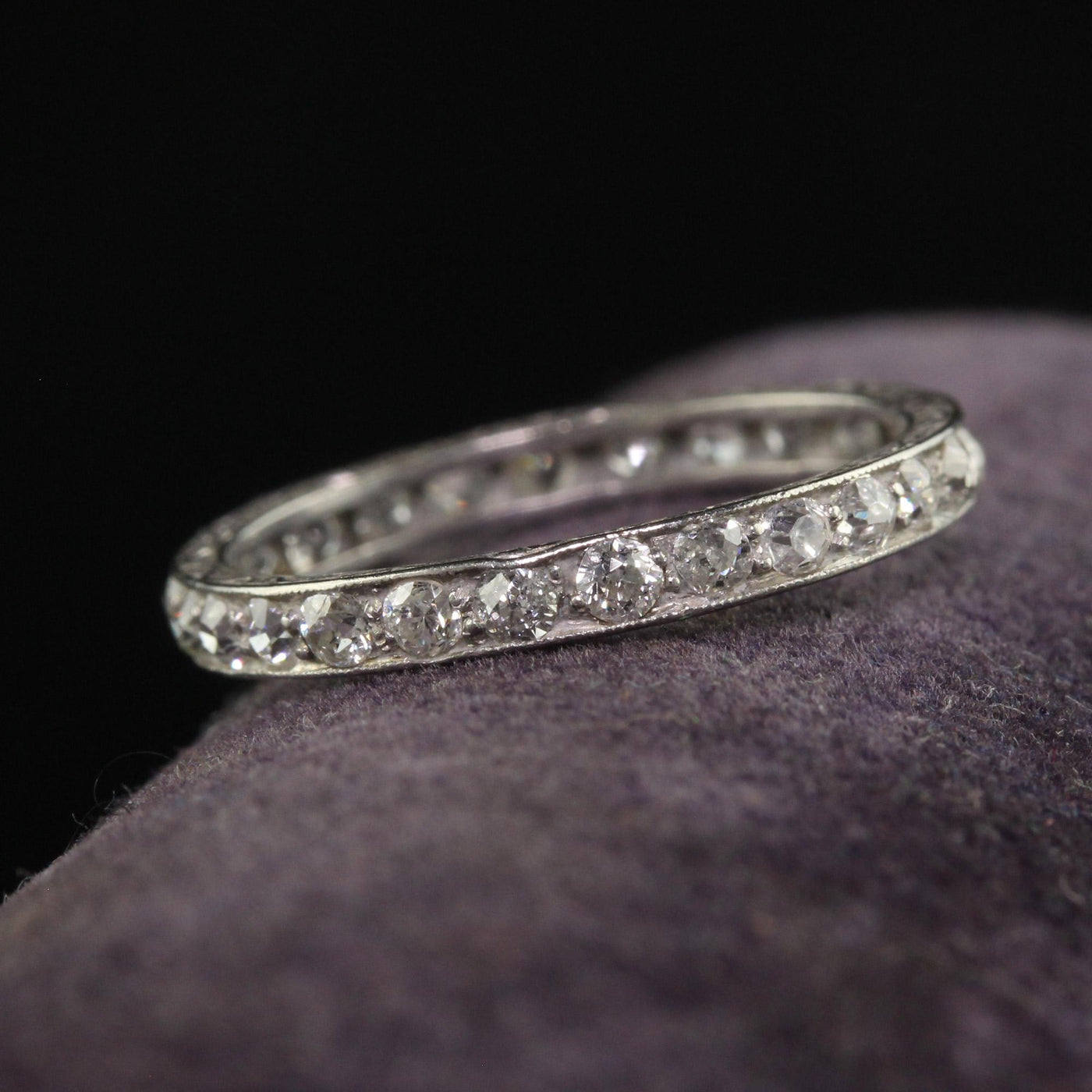 Antique Art Deco Platinum Engraved Old Mine Diamond Eternity Band - Size 5 1/4