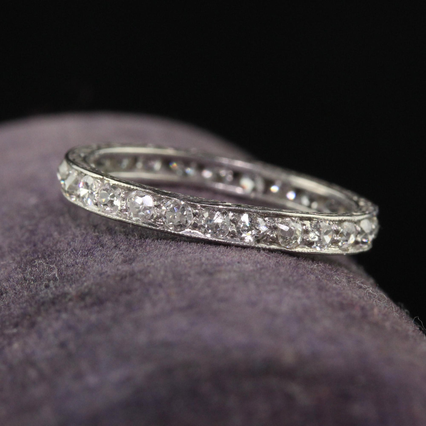 Antique Art Deco Platinum Engraved Old Mine Diamond Eternity Band - Size 5 1/4