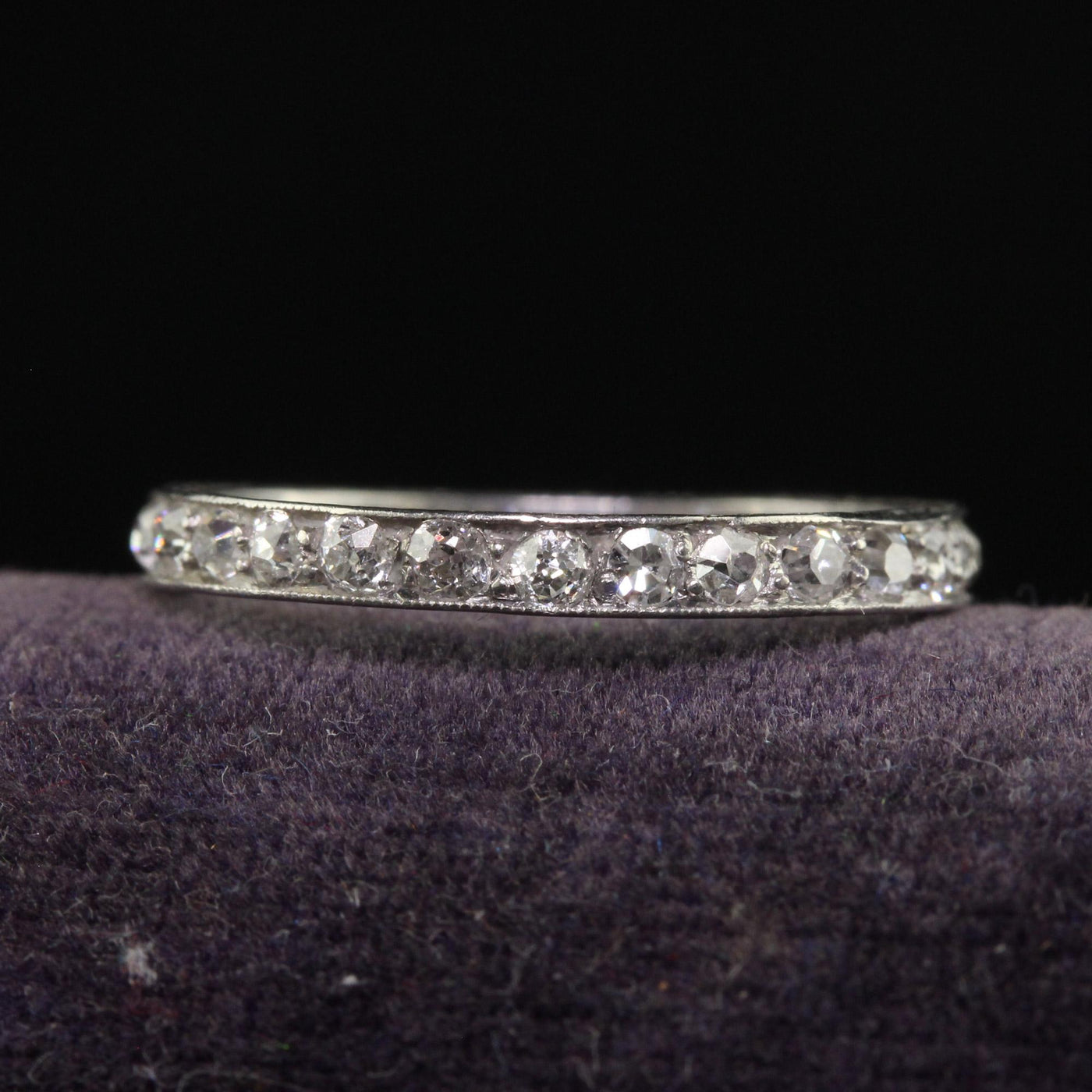 Antique Art Deco Platinum Engraved Old Mine Diamond Eternity Band - Size 5 1/4