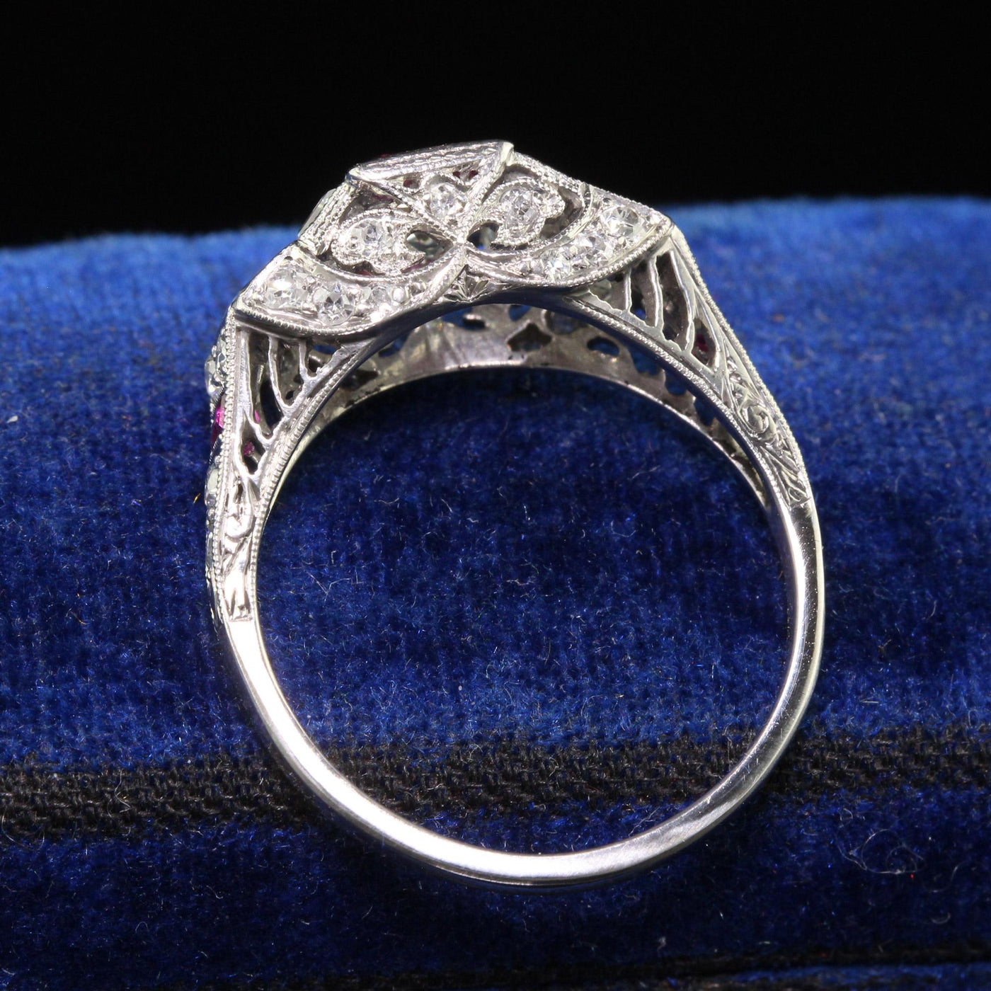 Antique Art Deco Platinum Old Asscher Cut Diamond and Ruby Engagement Ring