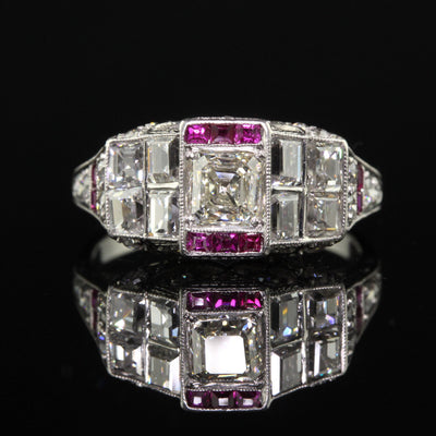 Antique Art Deco Platinum Old Asscher Cut Diamond and Ruby Engagement Ring
