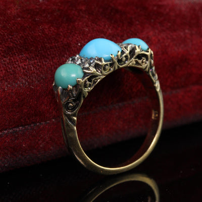 Antique Victorian 18K Yellow Gold Old Mine Diamond Turquoise Three Stone Ring