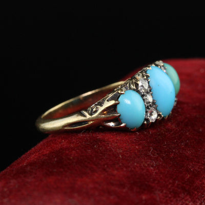 Antique Victorian 18K Yellow Gold Old Mine Diamond Turquoise Three Stone Ring