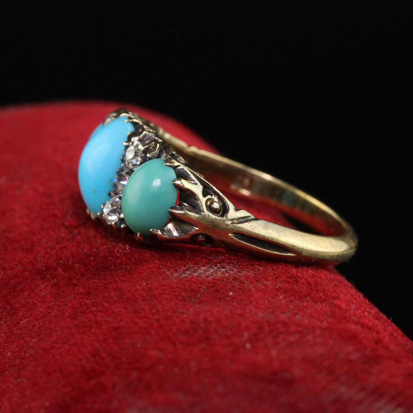 Antique Victorian 18K Yellow Gold Old Mine Diamond Turquoise Three Stone Ring