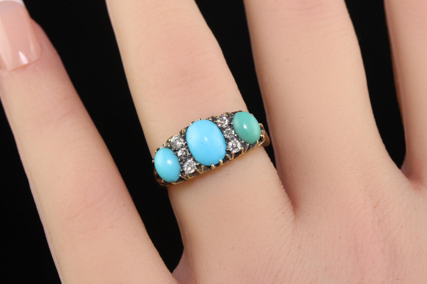 Antique Victorian 18K Yellow Gold Old Mine Diamond Turquoise Three Stone Ring