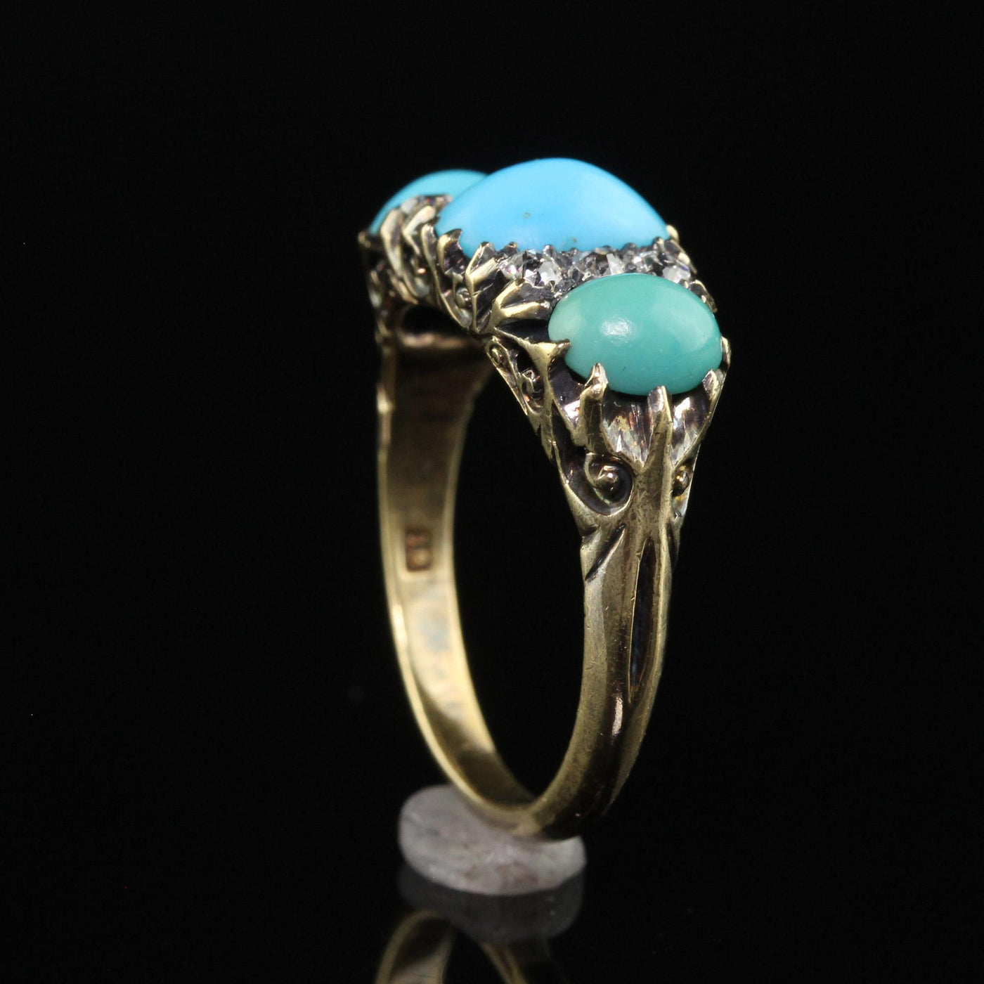 Antique Victorian 18K Yellow Gold Old Mine Diamond Turquoise Three Stone Ring