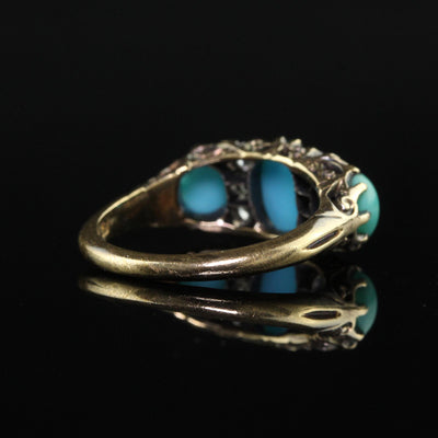 Antique Victorian 18K Yellow Gold Old Mine Diamond Turquoise Three Stone Ring