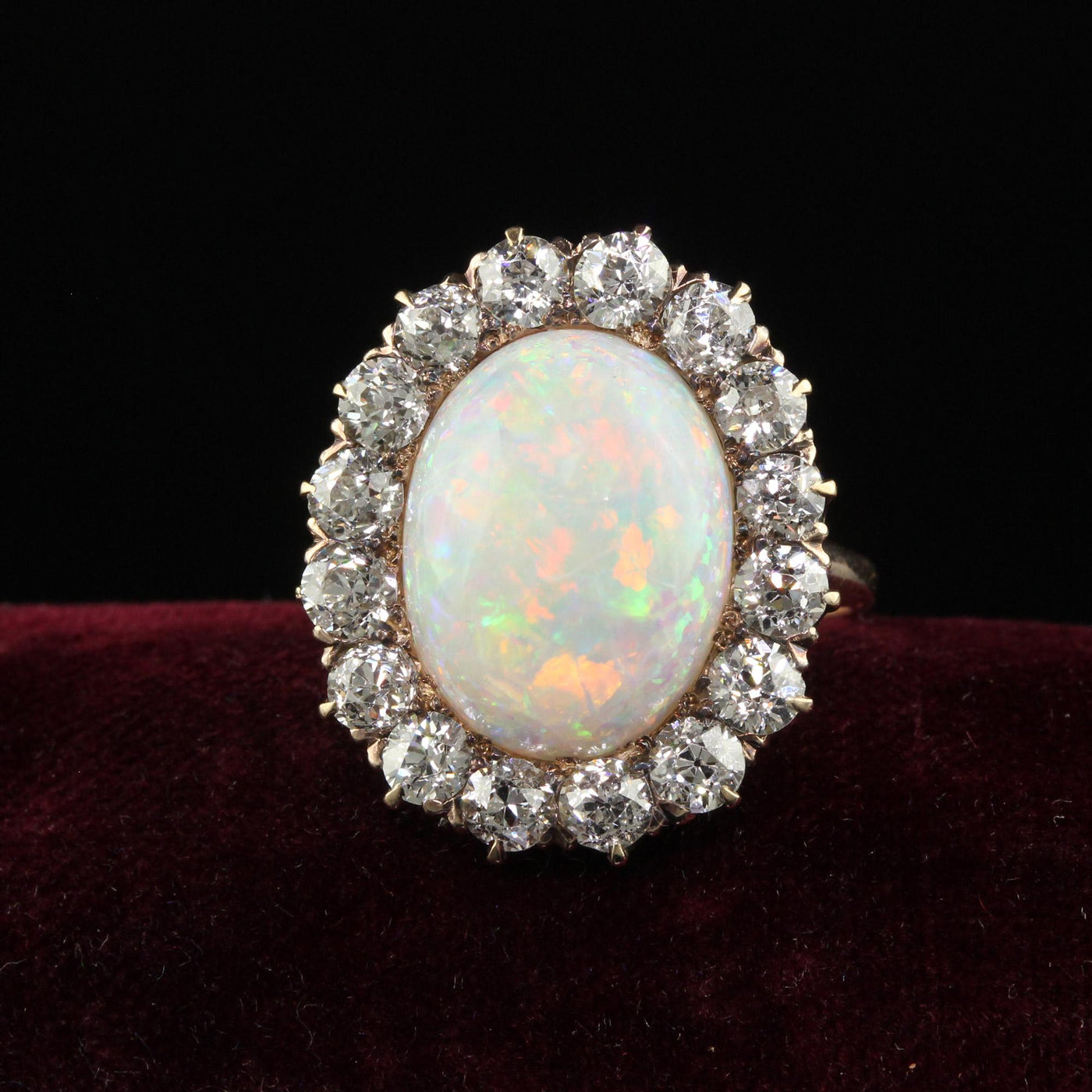 Antique Victorian 14K Yellow Gold Old Mine Diamond and Opal Cocktail Ring