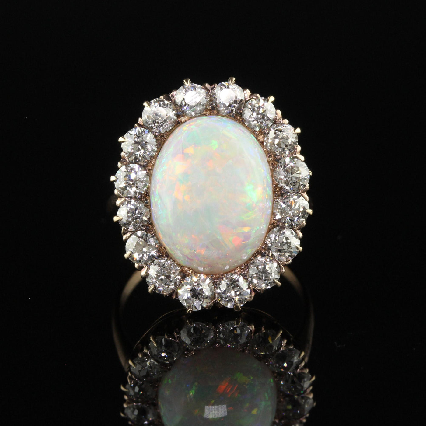 Antique Victorian 14K Yellow Gold Old Mine Diamond and Opal Cocktail Ring