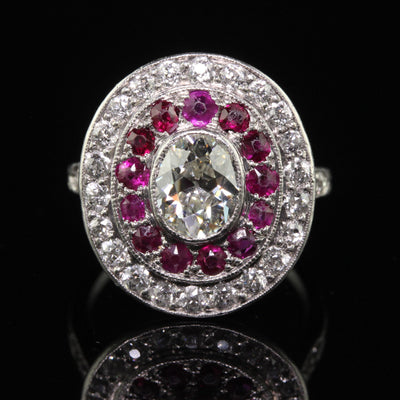 Antique Edwardian Platinum Old Mine Oval Diamond and Ruby Engagement Ring