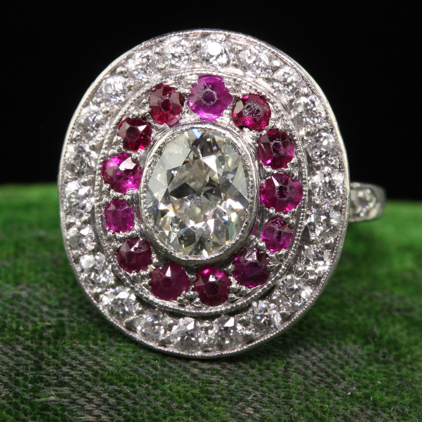 Antique Edwardian Platinum Old Mine Oval Diamond and Ruby Engagement Ring