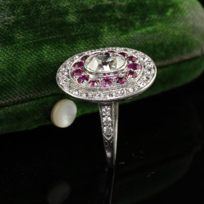 Antique Edwardian Platinum Old Mine Oval Diamond and Ruby Engagement Ring