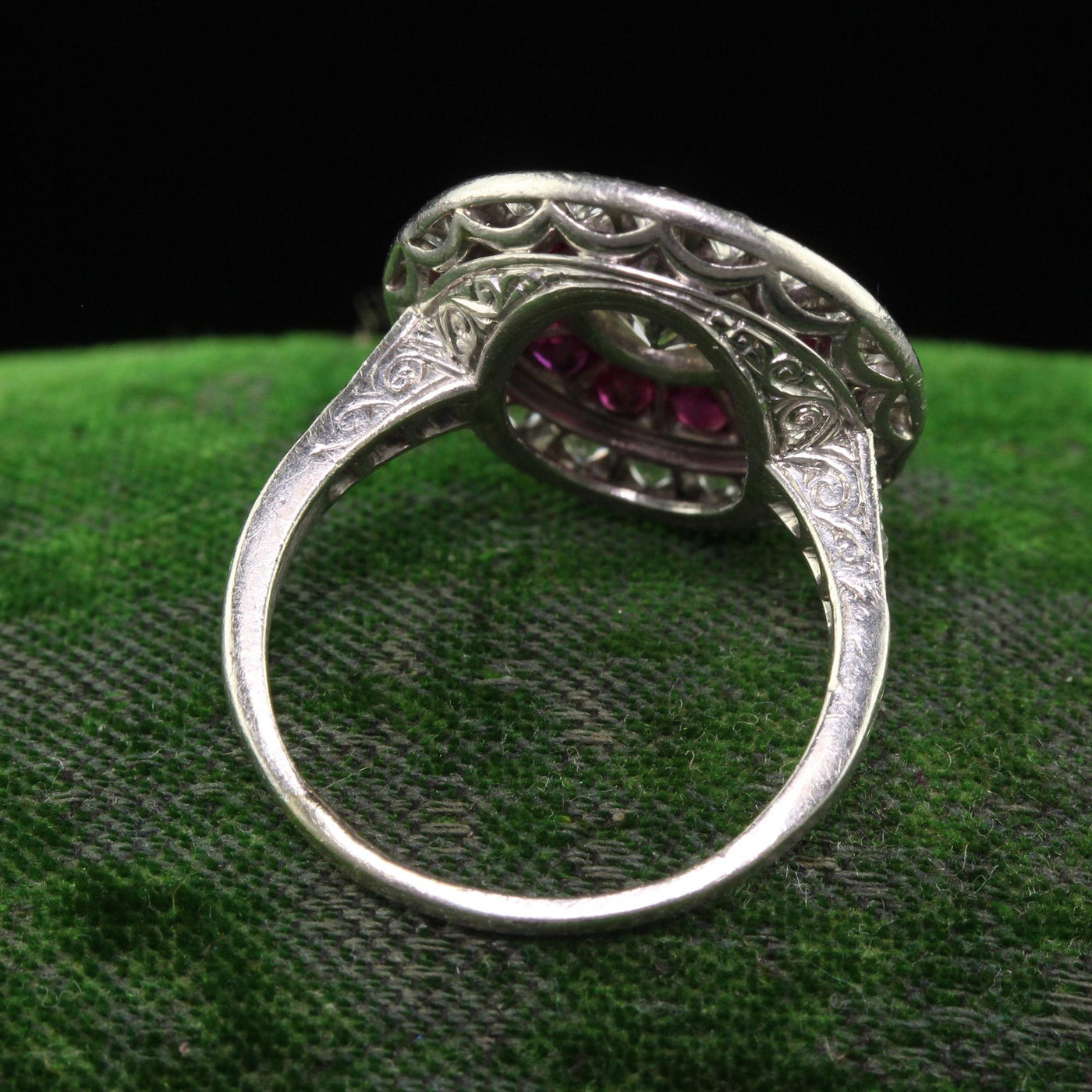 Antique Edwardian Platinum Old Mine Oval Diamond and Ruby Engagement Ring